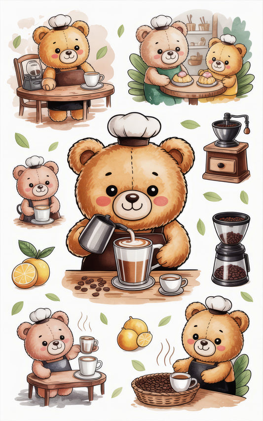 Cute Teddy Bear Barista Coffee Themed Art Print, Kitchen Wall Decor, Bear Lover Gift, Espresso Illustration, Nursery Artwork