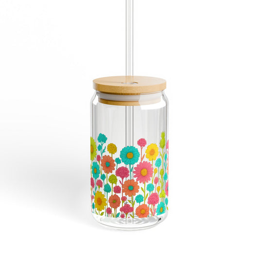 Colorful Floral Glass Jar with Wooden Lid, Decorative Flower Print Storage Container for Kitchen Essentials