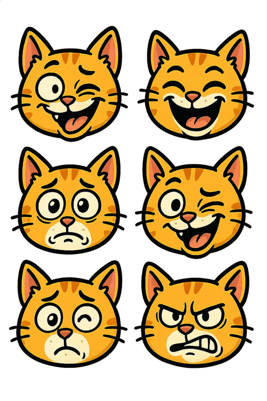 Set of 6 Cute Cartoon Cat Faces, Expressive Orange Tabby Cat Emotions, Digital Print, Wall Art Decor for Cat Lovers