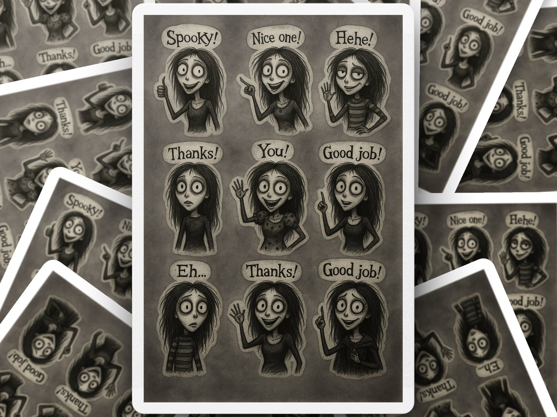 Gothic Style Sticker Sheet, Spooky Cartoon Characters, Halloween Themed, Cute Ghostly Designs, Monochrome Art, Creative Stationery.