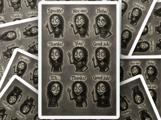 Gothic Style Sticker Sheet, Spooky Cartoon Characters, Halloween Themed, Cute Ghostly Designs, Monochrome Art, Creative Stationery.