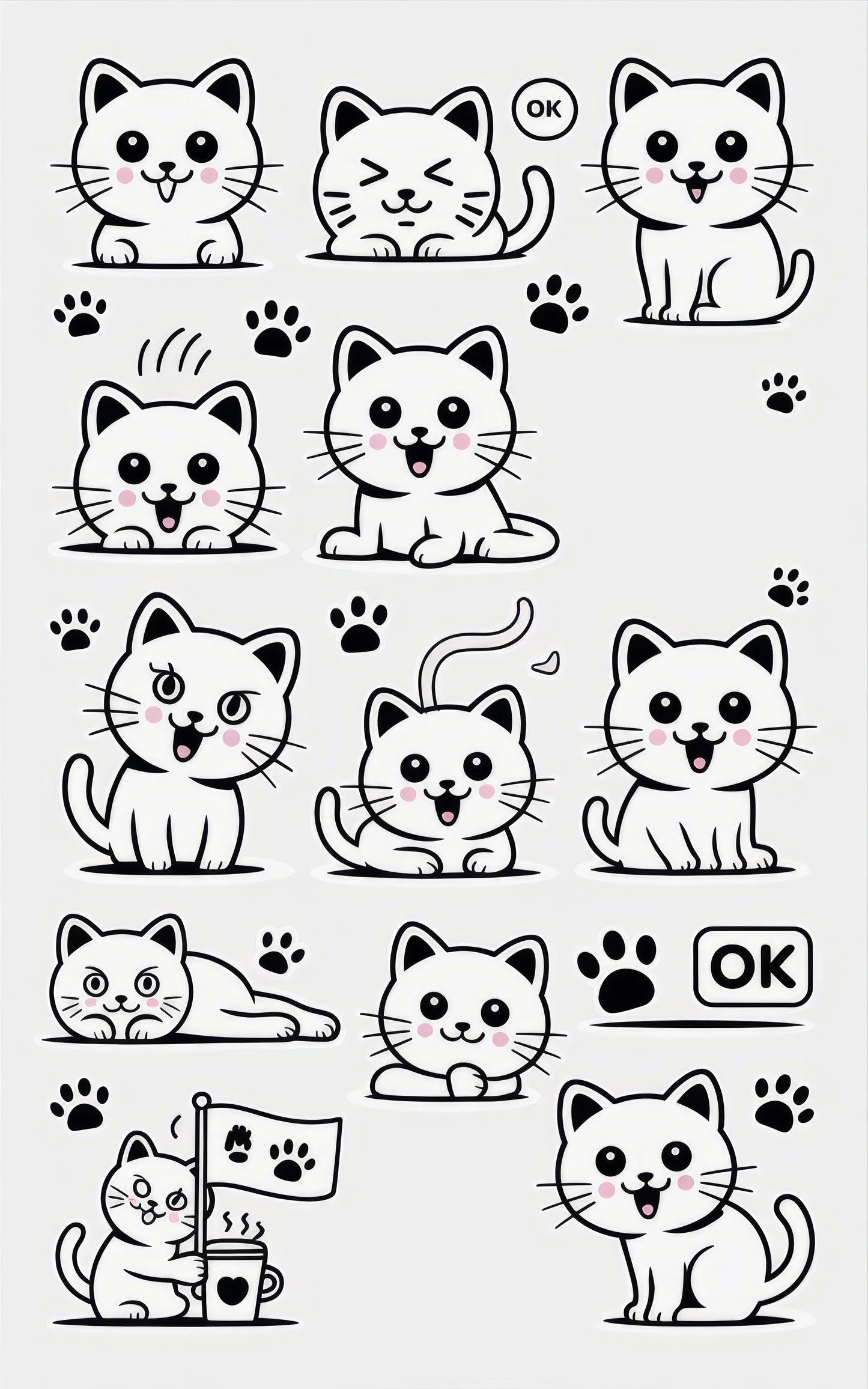 Cute Cartoon Cat Stickers, Adorable Kitten Decals, Kitty Emotions, Vinyl Cats, Fun Cat Faces Set of 12