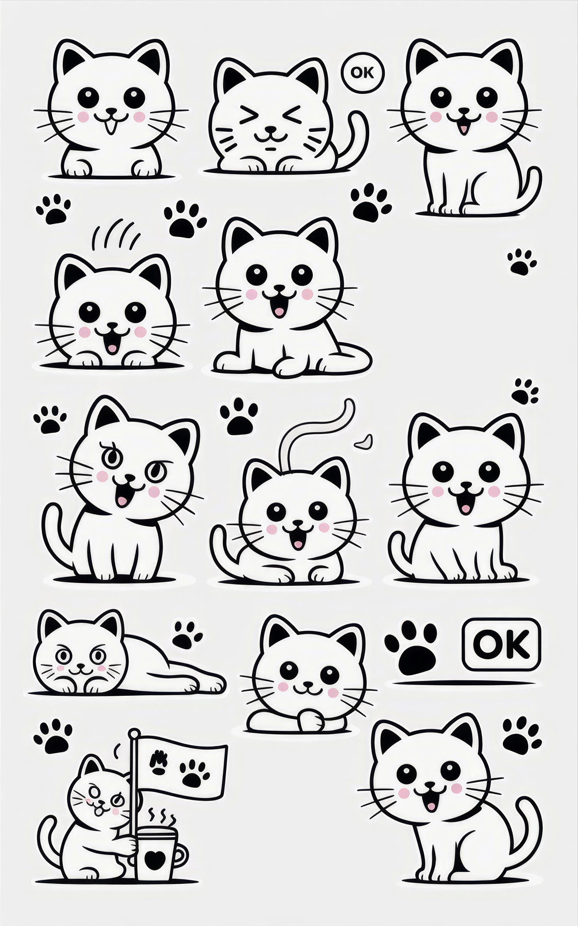 Cute Cartoon Cat Stickers, Adorable Kitten Decals, Kitty Emotions, Vinyl Cats, Fun Cat Faces Set of 12