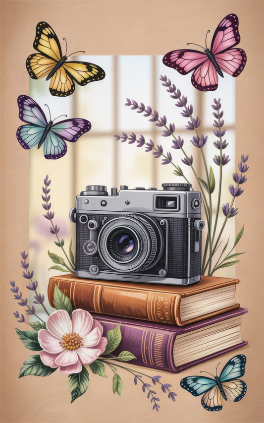 Vintage Camera and Butterfly Print, Lavender Floral Book Stack Illustration, Artistic Wall Decor