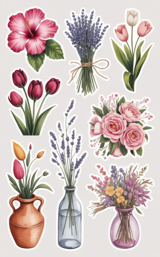 Floral Sticker Set, Lavender, Tulips, Hibiscus, Bouquet, Watercolor, Vinyl Decals, Planner Stickers, Spring Flowers, Gift Idea