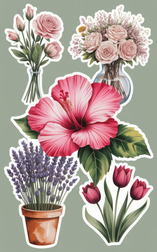 Floral Sticker Pack, Pink Roses, Hibiscus, Lavender, Tulips, Bouquet Decals, Scrapbooking, Planner Accessories, Botanical Themes