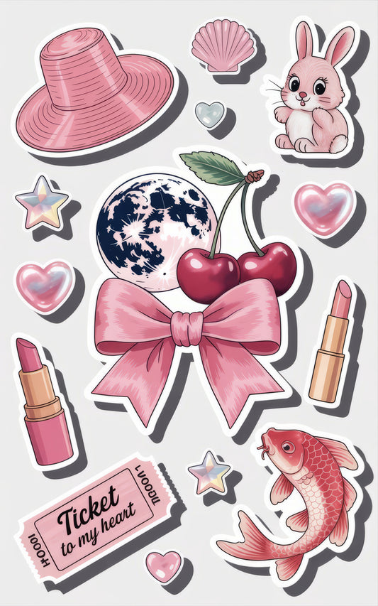 Cute Sticker Pack, Pastel Bunny, Pink Hat, Cherry, Fish, Lipstick, Globe, Heart Stickers for Scrapbooking and Crafts