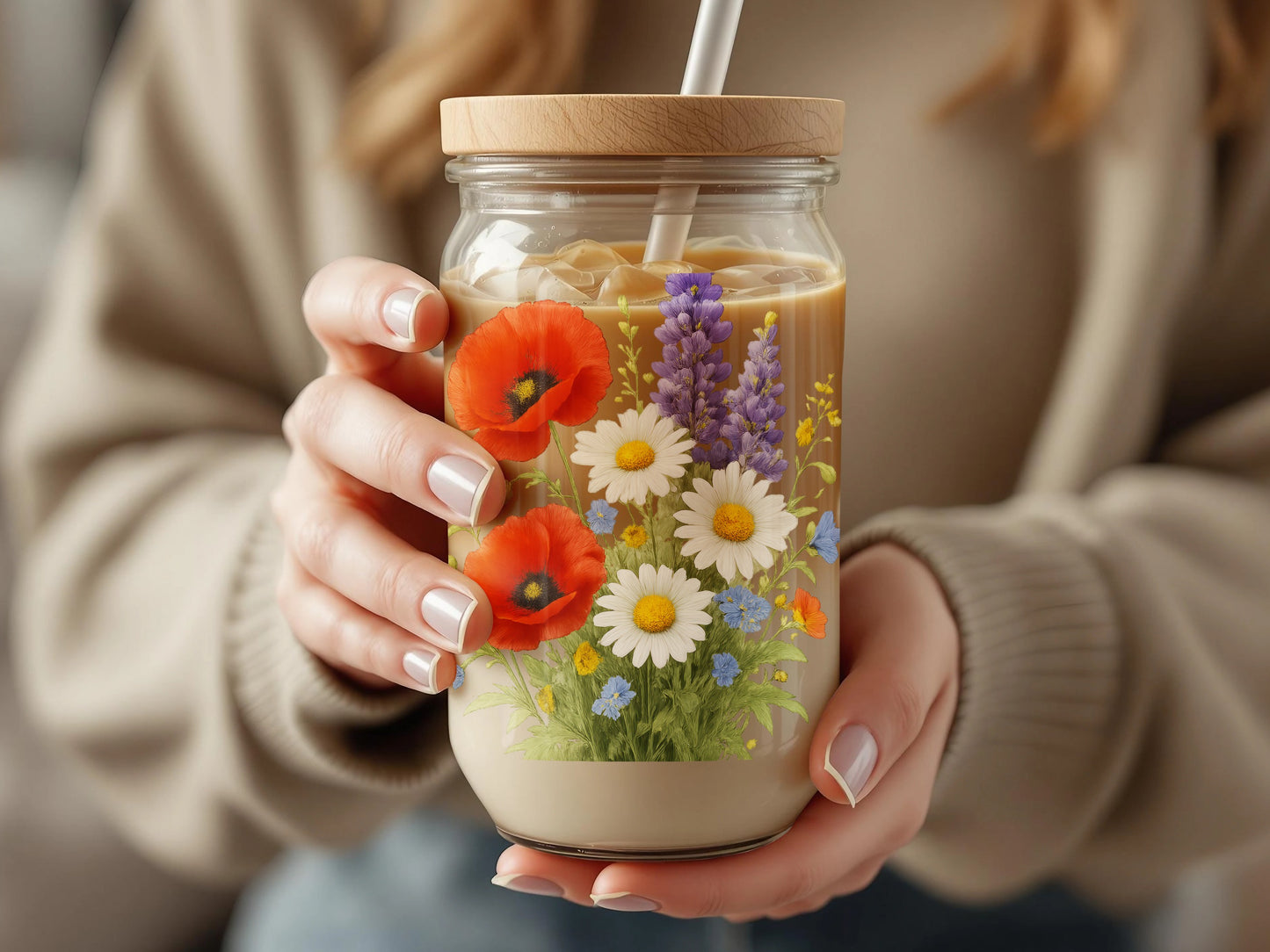 Floral Glass Cup with Wildflowers Design, Reusable Coffee Smoothie Cup with Straw, Eco-friendly Gift