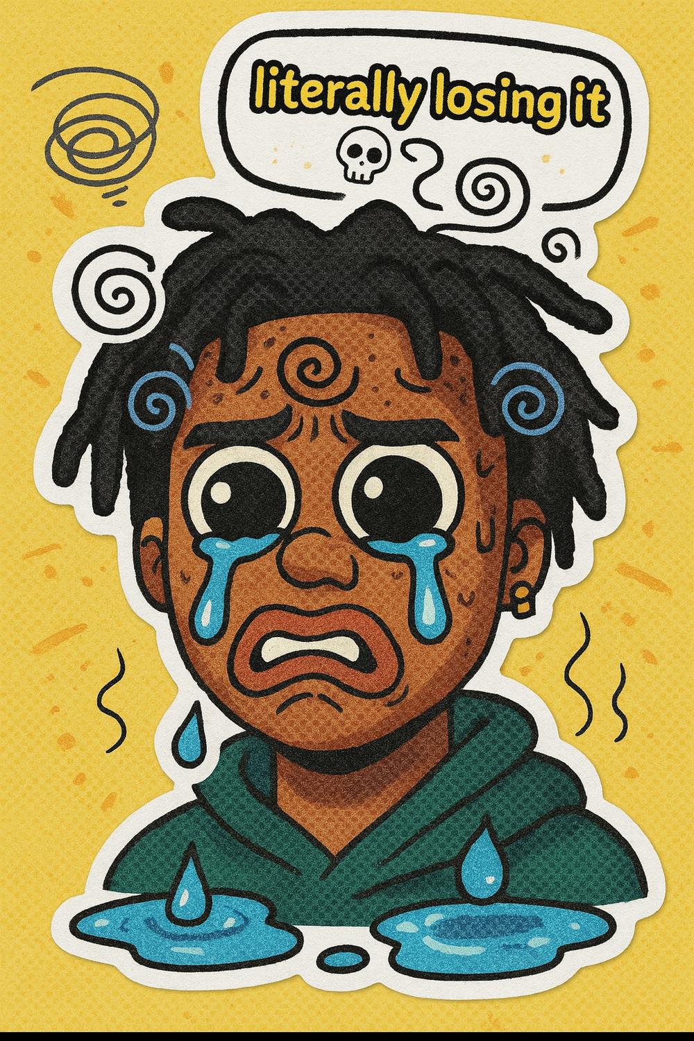 Colorful Crying Comic Character Art Print, Emotional Cartoon Illustration, Vibrant Wall Decor