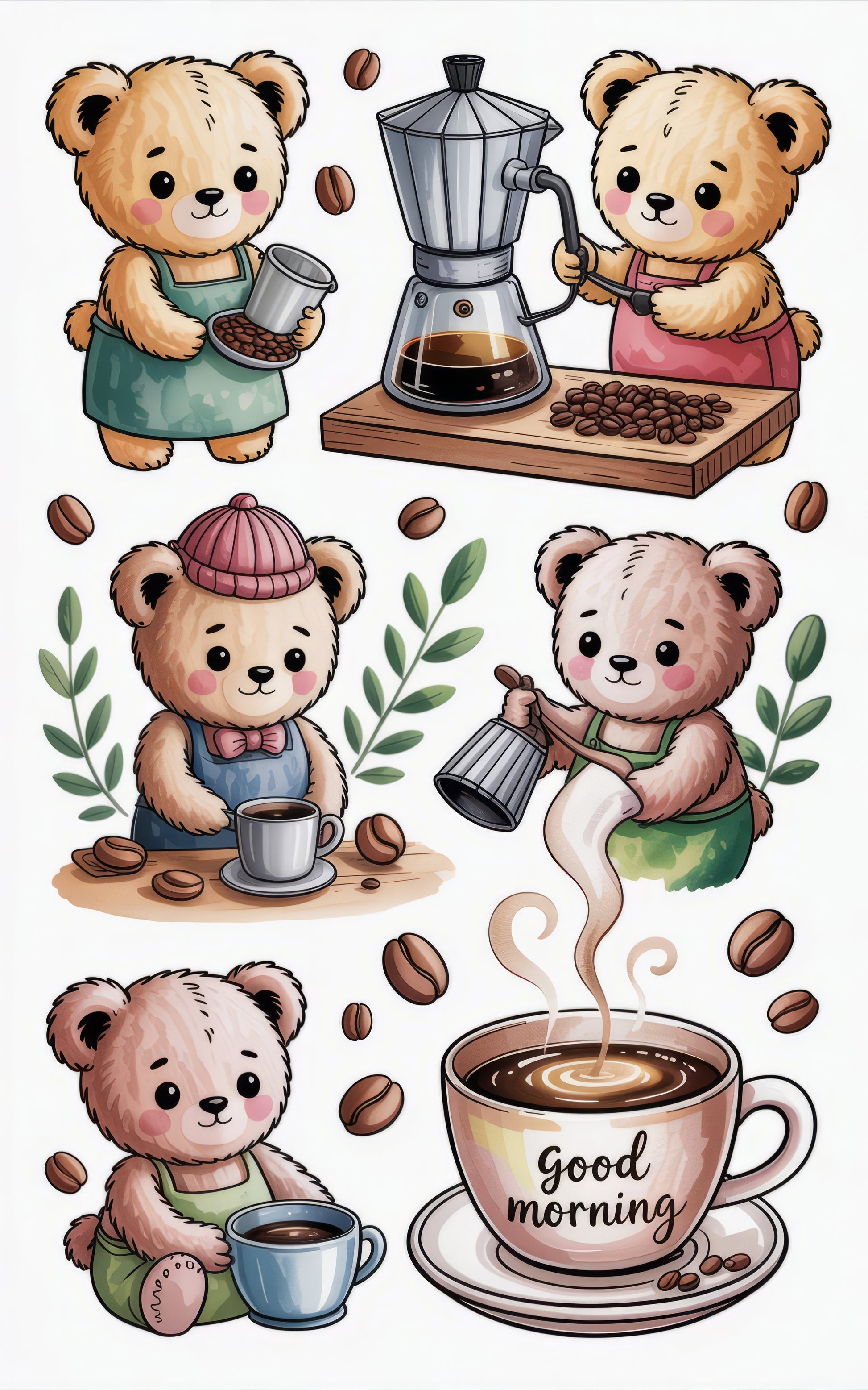 Cute Bear Coffee Making Illustration Print, Adorable Barista Bears, Kitchen Wall Art, Coffee Lover Gift Idea, Home Decor