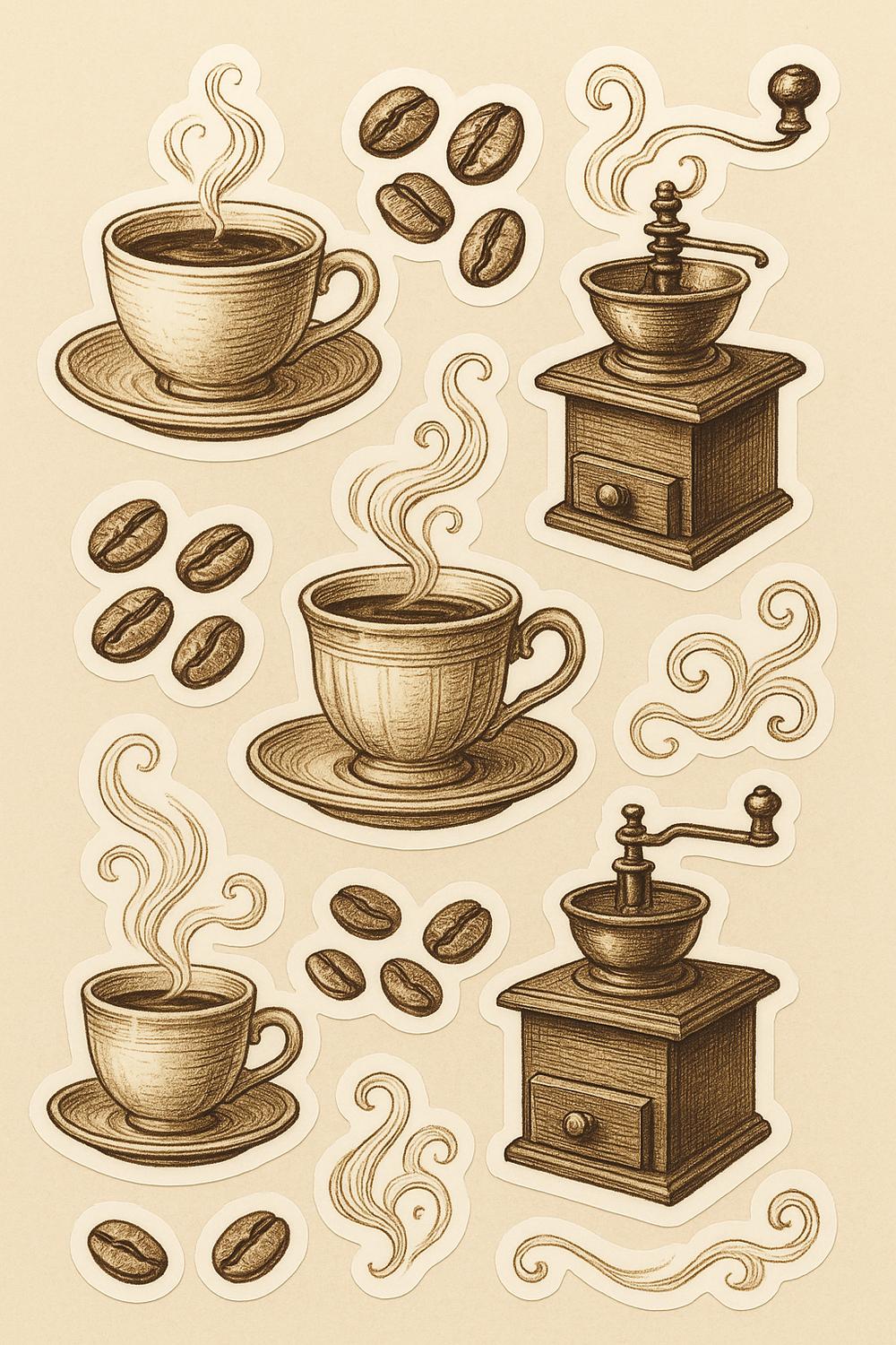 Vintage Coffee Art Print, Classic Coffee Cup and Beans Illustrated Poster, Kitchen Wall Decor