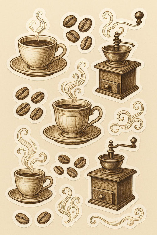 Vintage Coffee Art Print, Classic Coffee Cup and Beans Illustrated Poster, Kitchen Wall Decor