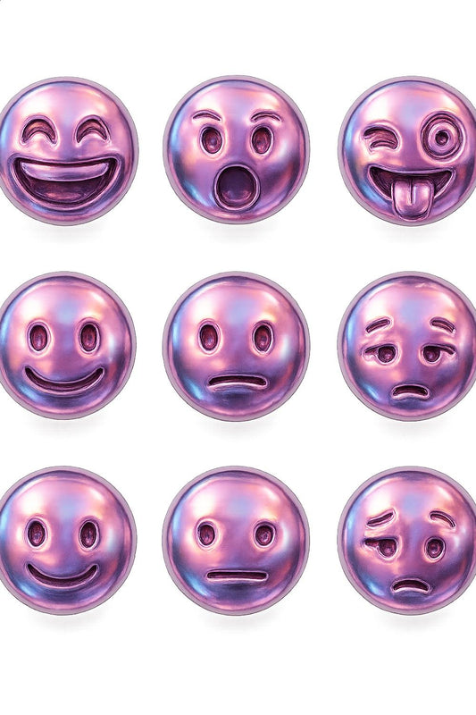 Set of 12 Purple Iridescent Emoji Buttons, Cute Expression Pins, Emoticon Badges for Backpacks and Jackets