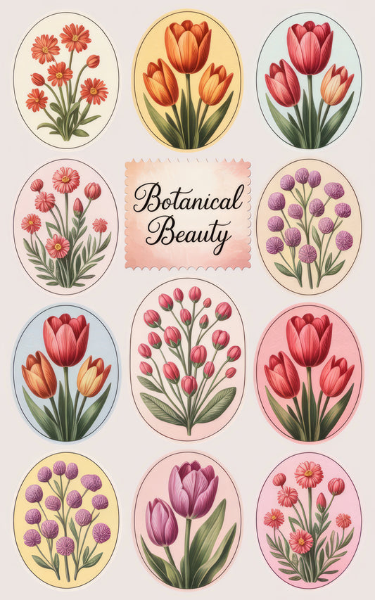Botanical Beauty Floral Art Prints, Vintage Inspired Tulip and Daisy Wall Decor Set, Colorful Garden Illustrations, Gift Idea
