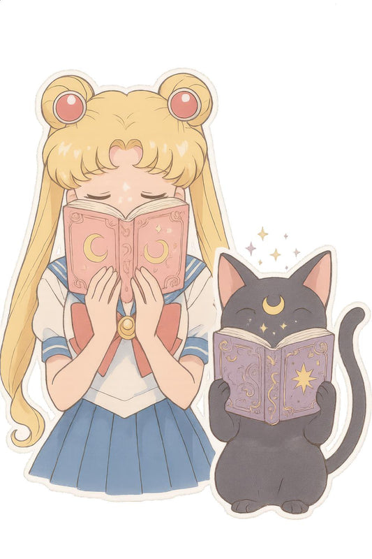 Sailor Moon Inspired Art Print, Blonde Girl and Black Cat Reading, Anime Wall Decor, Magical Girl Room Decoration, Cute Nostalgic Poster