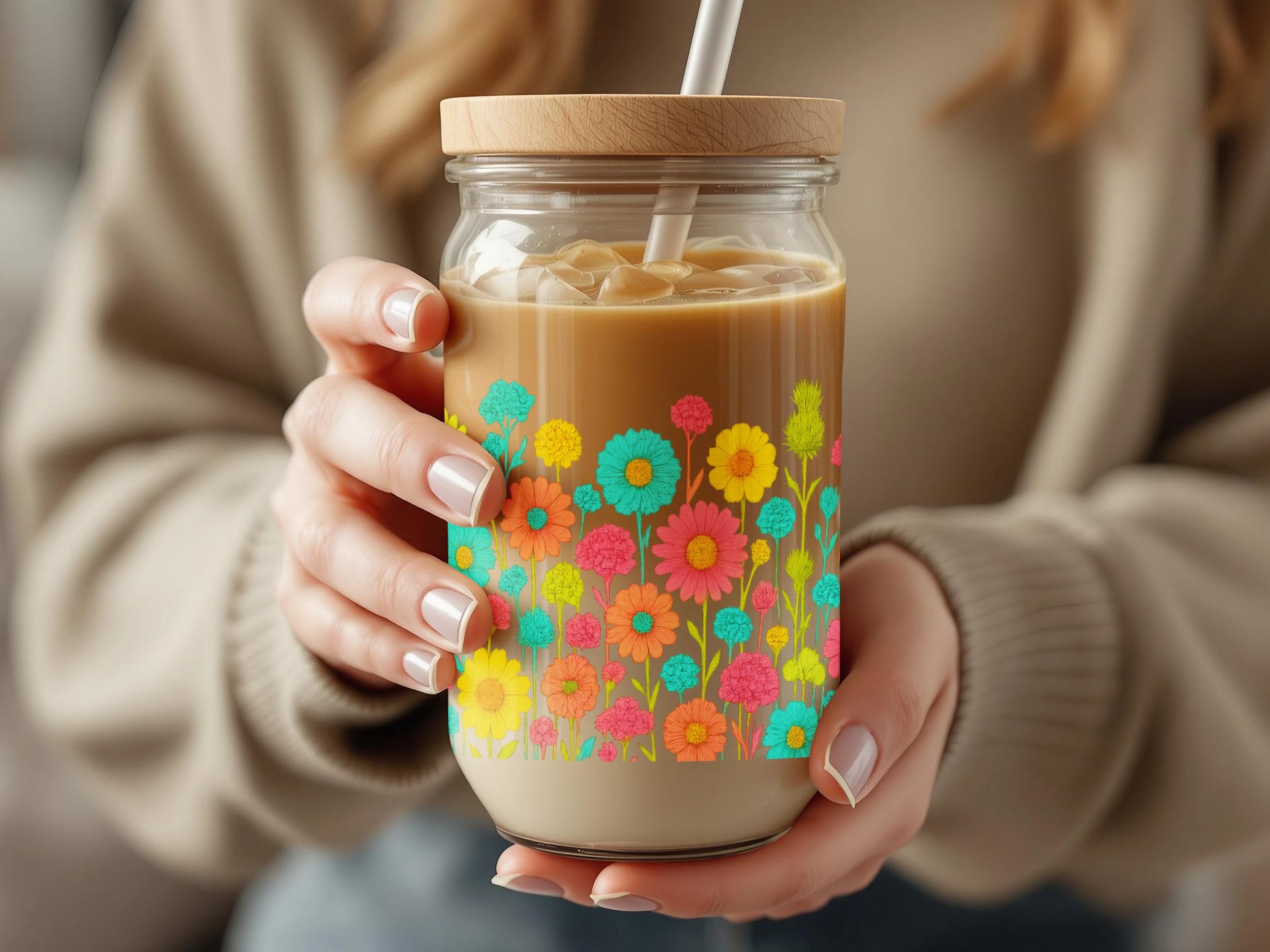 Colorful Floral Reusable Glass Coffee Cup, Eco-Friendly Travel Mug with Lid and Straw