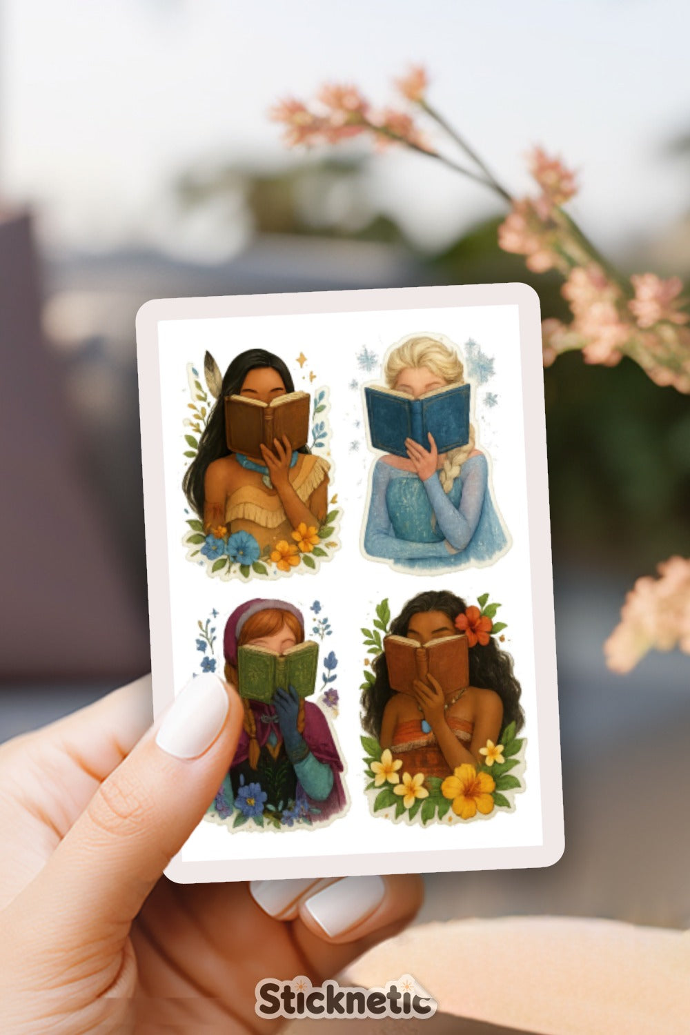 Reading Girls Stickers, Hand Illustrated Female Readers with Books, Floral Decals, Vinyl Sticker Pack for Laptops and Journals