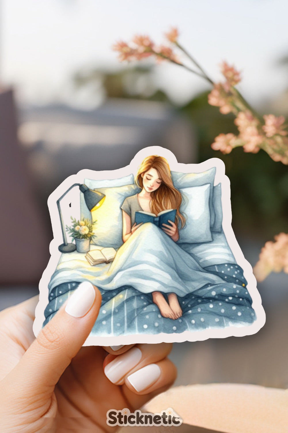 Girl Reading Book in Bed Cozy Vibes Sticker product