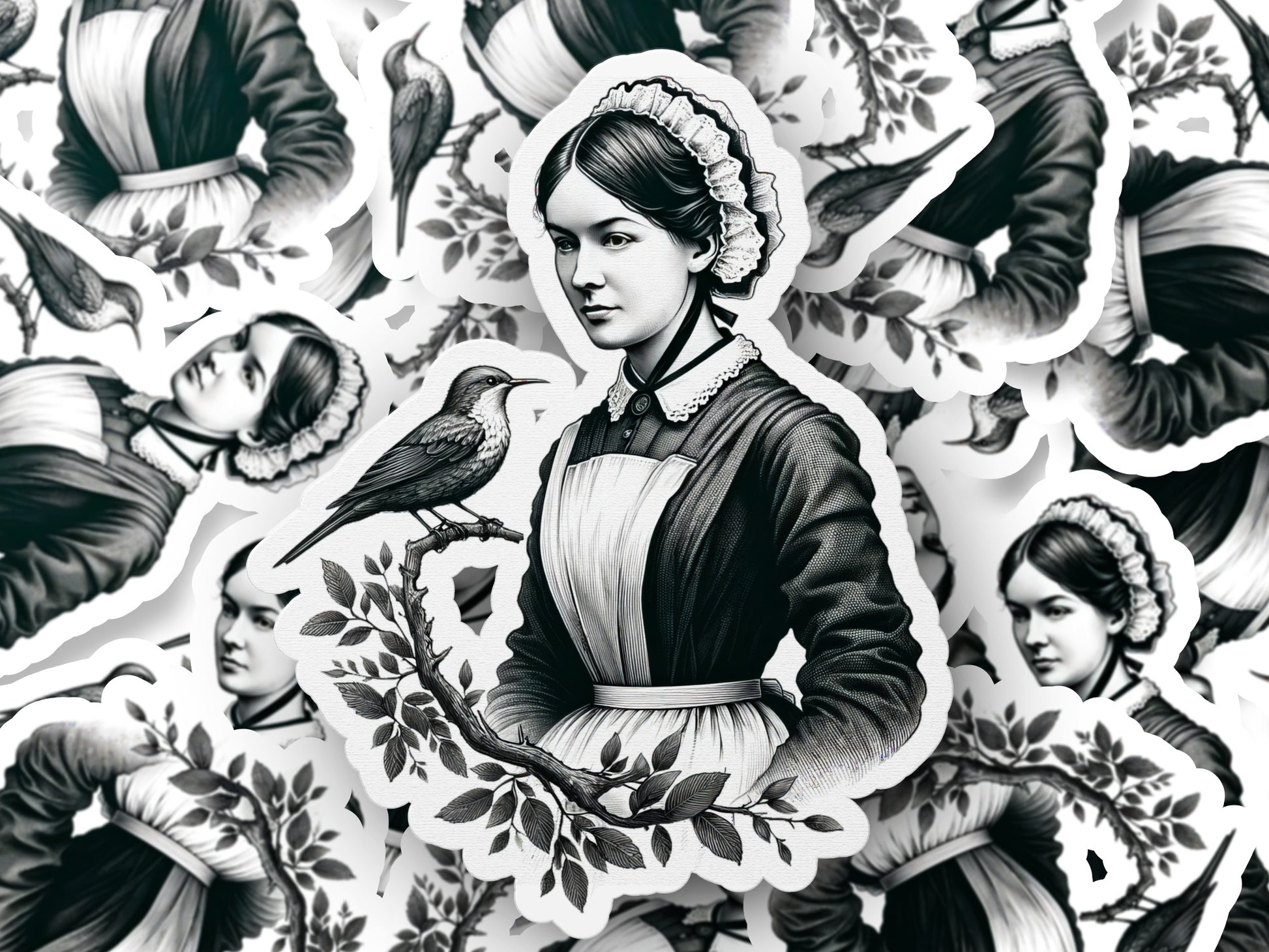 Victorian Lady and Bird Art Print, Classic Black and White Illustration, Vintage Style Wall Decor, Elegant Home Design