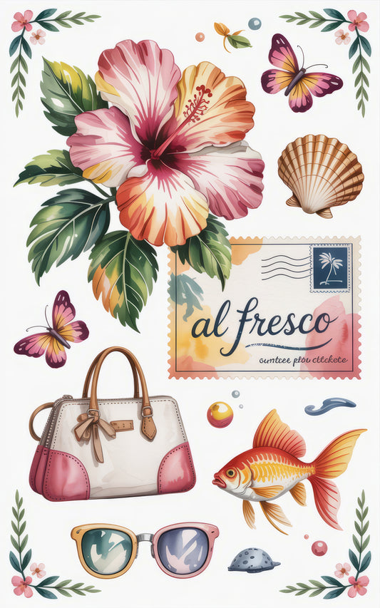 Tropical Floral Print, Al Fresco Summer Collection, Hibiscus Flowers, Butterflies, Fashion Accessories Illustration