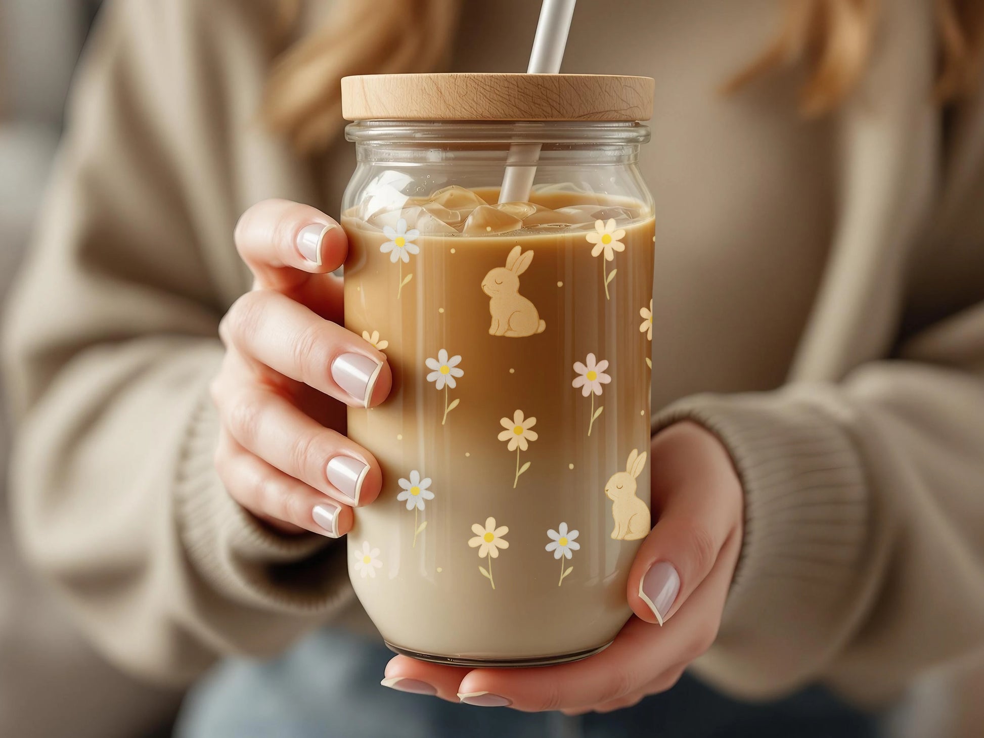 Cute Bunny and Daisy Printed Mason Jar, Spring Theme Tumbler with Straw, Glass Drinkware Gift