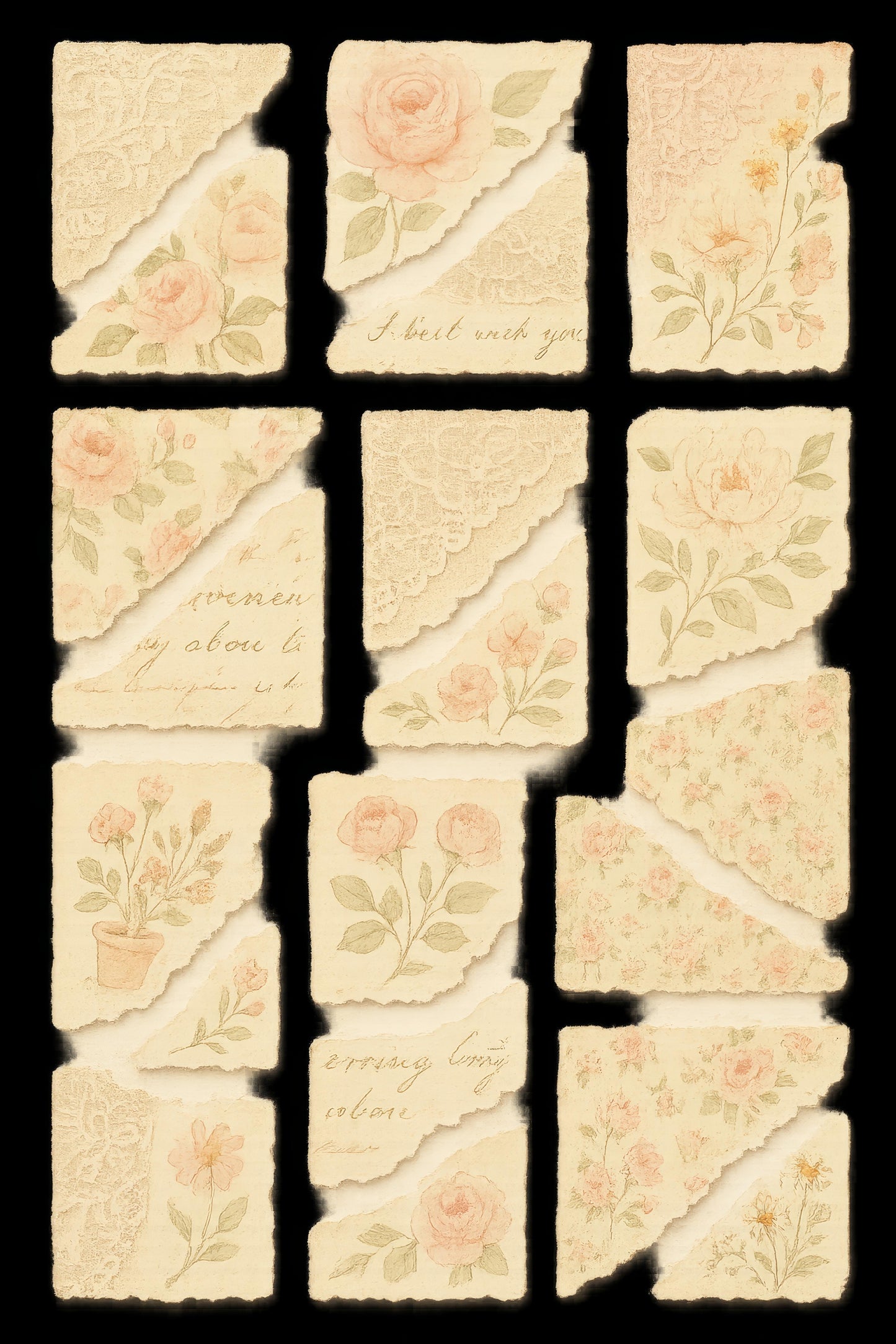 Vintage Floral Paper Set for Scrapbooking, Decoupage, Journaling, 12 Unique Designs with Roses and Lace Accents