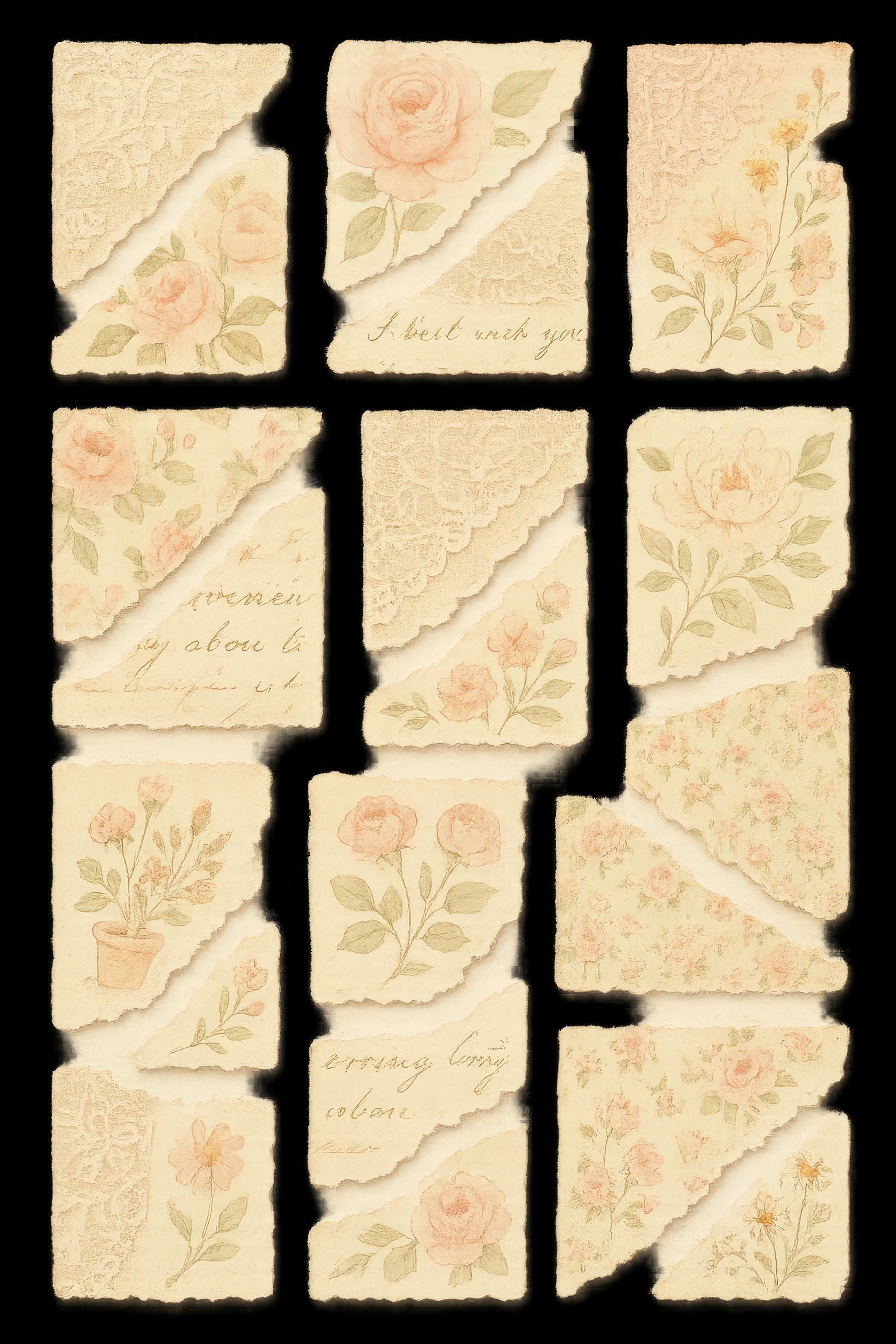 Vintage Floral Paper Set for Scrapbooking, Decoupage, Journaling, 12 Unique Designs with Roses and Lace Accents