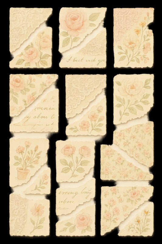 Vintage Floral Paper Set for Scrapbooking, Decoupage, Journaling, 12 Unique Designs with Roses and Lace Accents