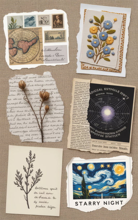 Vintage Style Postcards Mix, Floral Embroidery, Celestial Maps, Pressed Flowers, Art Prints Set