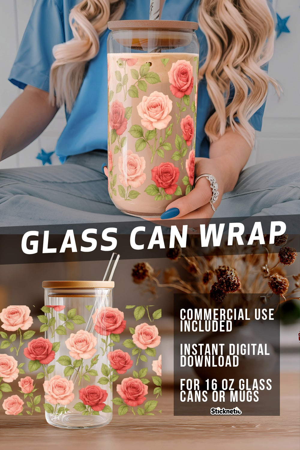 Floral Glass Can Wrap, Rose Pattern, Reusable Cup Sleeve, 16 oz Mug Decoration, Instant Download Digital File