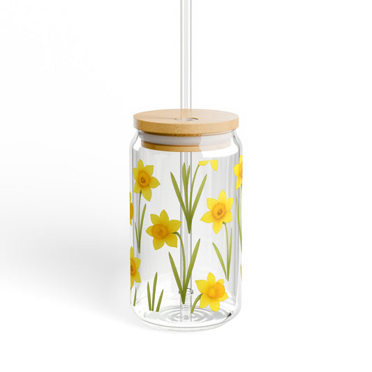 Floral Glass Straw Dispenser, Yellow Daffodils Design, Kitchen Storage, Unique Gift Idea