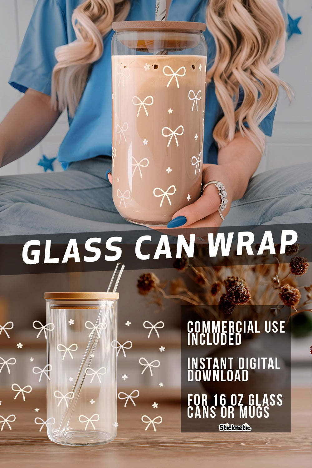Glass Can Wrap Digital File, Bow Design for 16 oz Mugs, Instant Download Commercial Use