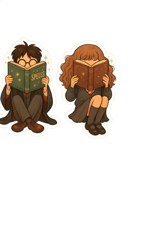 Cute Wizard and Witch Reading Spell Books Stickers, Magical Fantasy Decor, Book Lover Gift