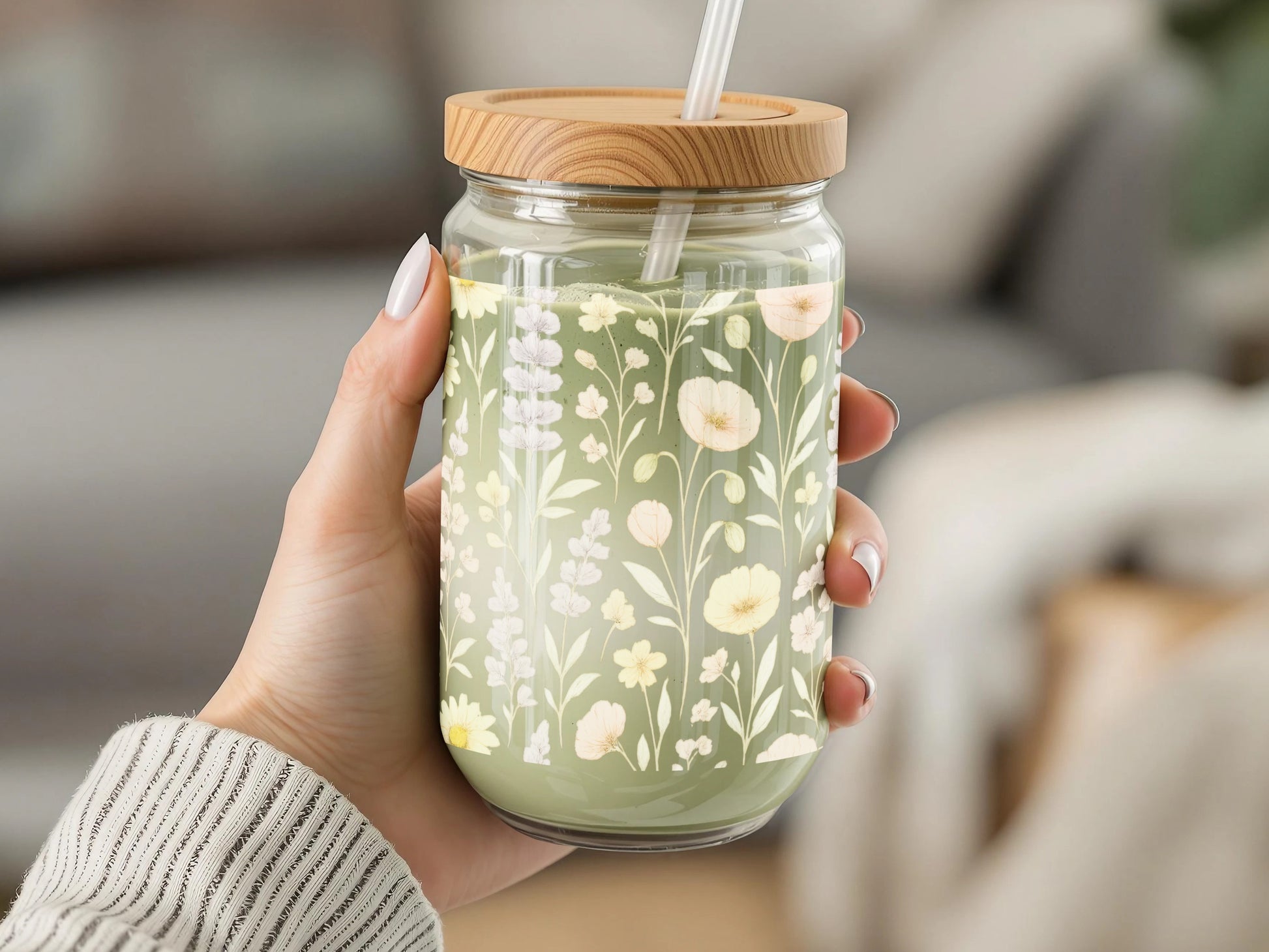Floral Print Glass Drinking Jar with Bamboo Lid, Eco-Friendly Reusable Tumbler