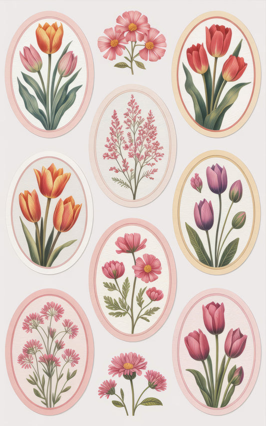 Vintage Floral Prints Set, Botanical Wall Art, Tulip and Daisy Illustrations, Elegant Home Decor, Pink Round Frames, Spring Flowers