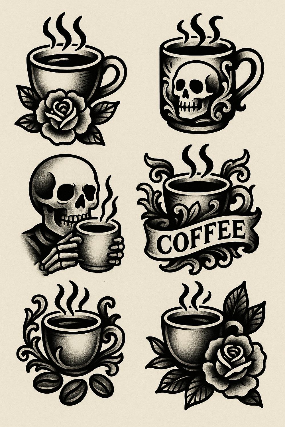 Gothic Skull Coffee Mug Tattoos Art Print, Vintage Floral Skeleton Kitchen Decor, Unique Wall Art