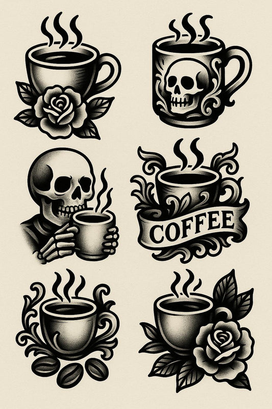 Gothic Skull Coffee Mug Tattoos Art Print, Vintage Floral Skeleton Kitchen Decor, Unique Wall Art