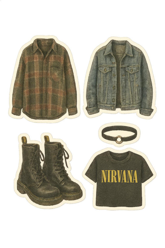 Vintage Style Apparel Sticker Pack, Retro Denim Jacket, Plaid Shirt, Combat Boots, Band Tee