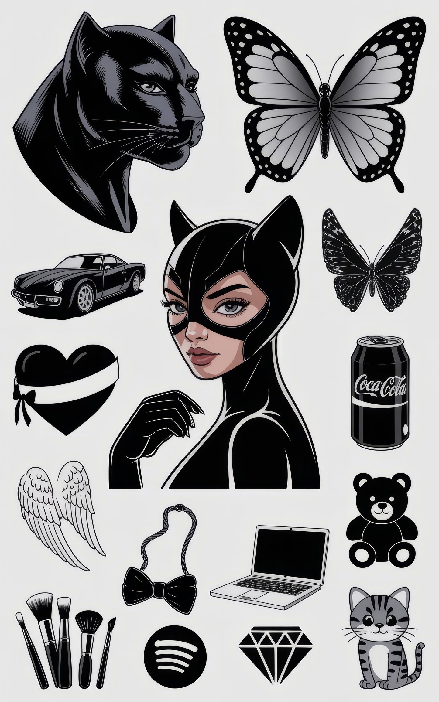 Black Panther Sticker, Butterfly Decals, Catwoman Art, Retro Car, Heart, Laptop Skin Set
