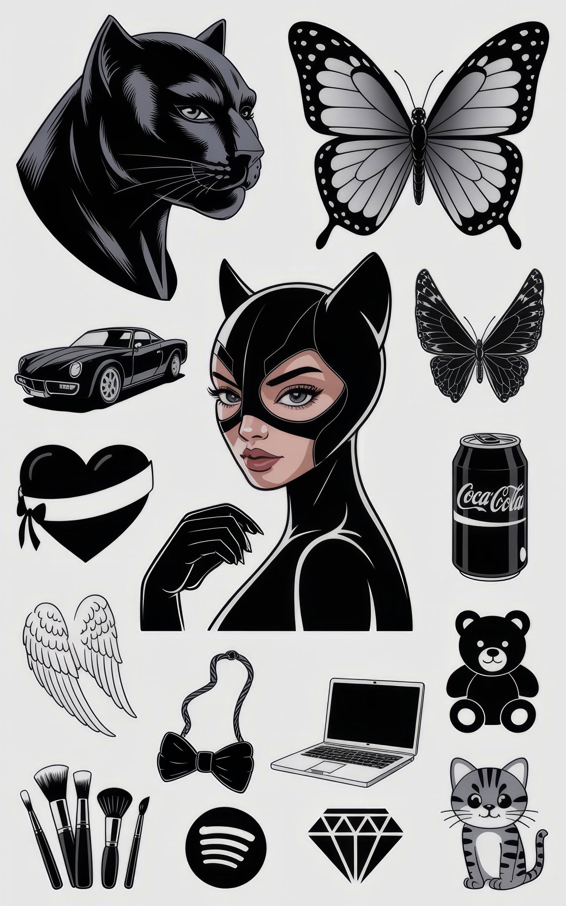Black Panther Sticker, Butterfly Decals, Catwoman Art, Retro Car, Heart, Laptop Skin Set