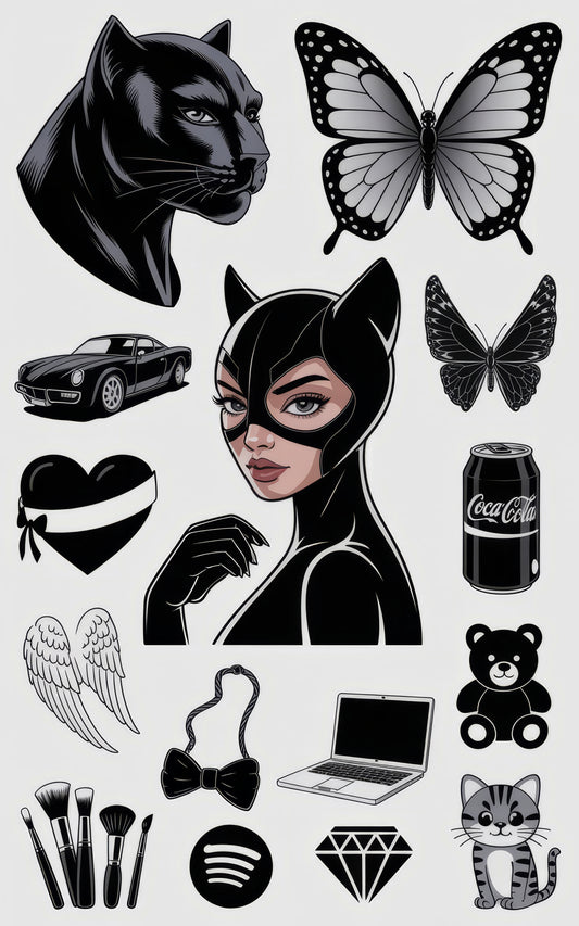 Black Panther Sticker, Butterfly Decals, Catwoman Art, Retro Car, Heart, Laptop Skin Set