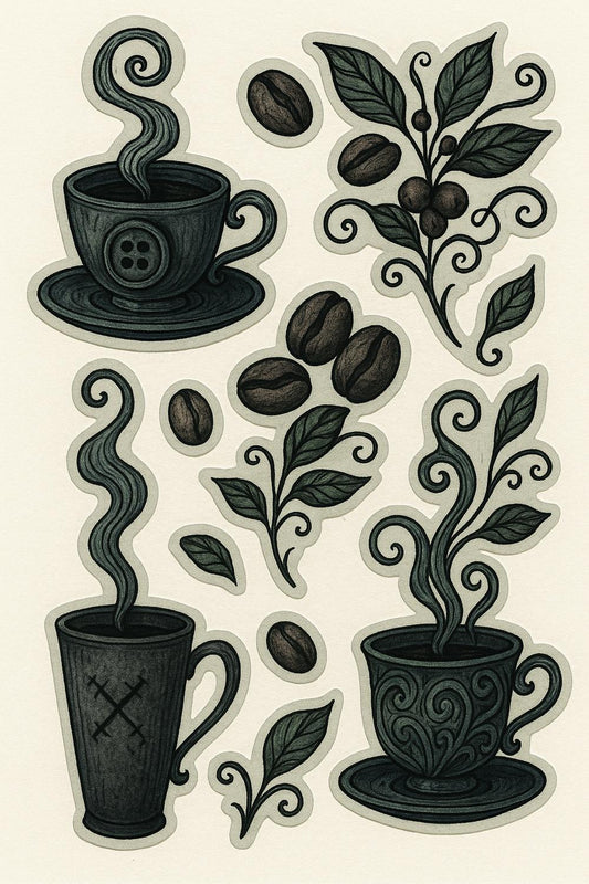 Vintage Coffee Cup and Beans Art Print, Kitchen Wall Decor, Botanical Illustration, Barista Gift Idea