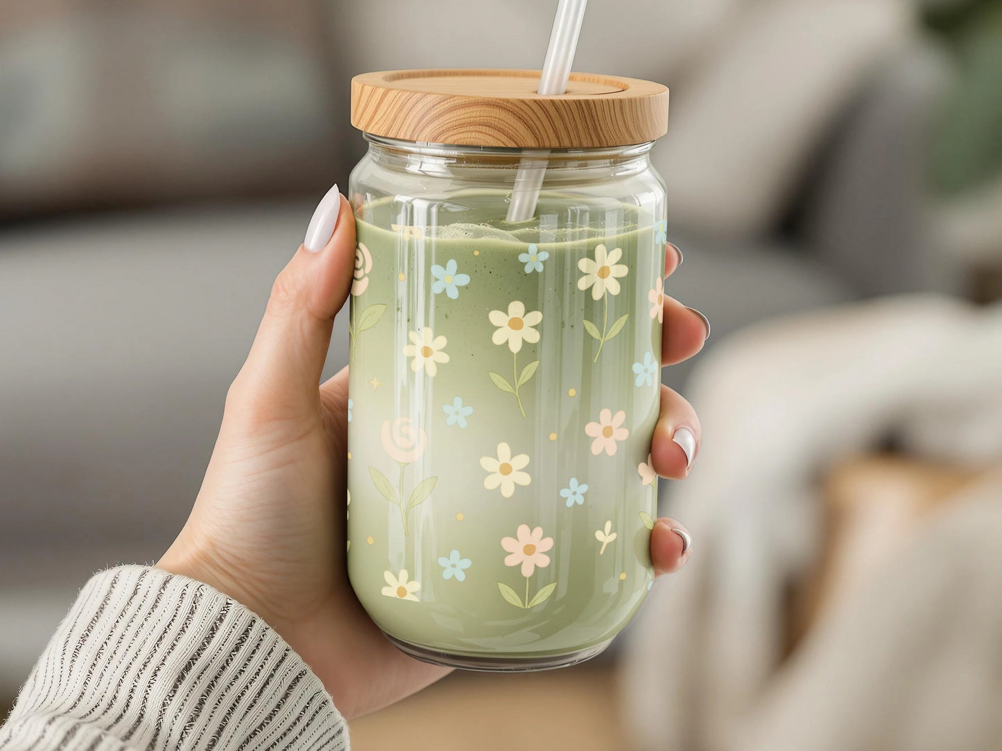 Floral Glass Drinking Jar with Bamboo Lid, Spring Flowers Design, Reusable Glass Cup with Straw