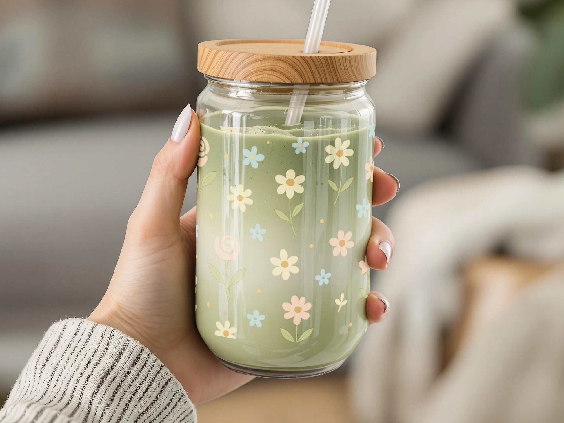 Floral Glass Drinking Jar with Bamboo Lid, Spring Flowers Design, Reusable Glass Cup with Straw