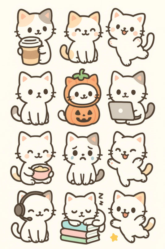 Cute Cat Stickers Set, Kawaii Kitty Decals, Laptop, Planner, and Journal Accessories, Coffee Cup, Pumpkin, Books