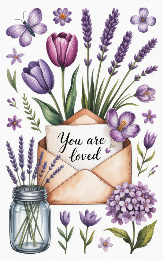 Floral Love Card, Lavender Bouquet, Tulip, Butterflies, Spring Greeting Card, Romantic Gift