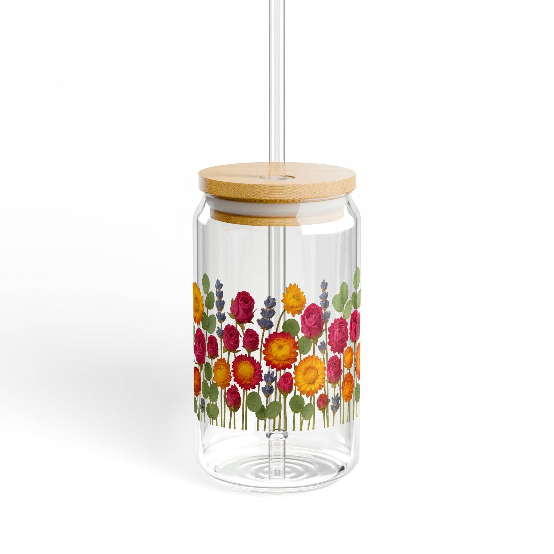 Colorful Floral Glass Jar, Decorative Kitchen Storage, Wooden Lid, Unique Flower Design, Home Decor
