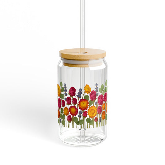 Colorful Floral Glass Jar, Decorative Kitchen Storage, Wooden Lid, Unique Flower Design, Home Decor