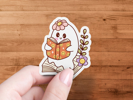 Cute Ghost Sticker with Flower Reading a Book product