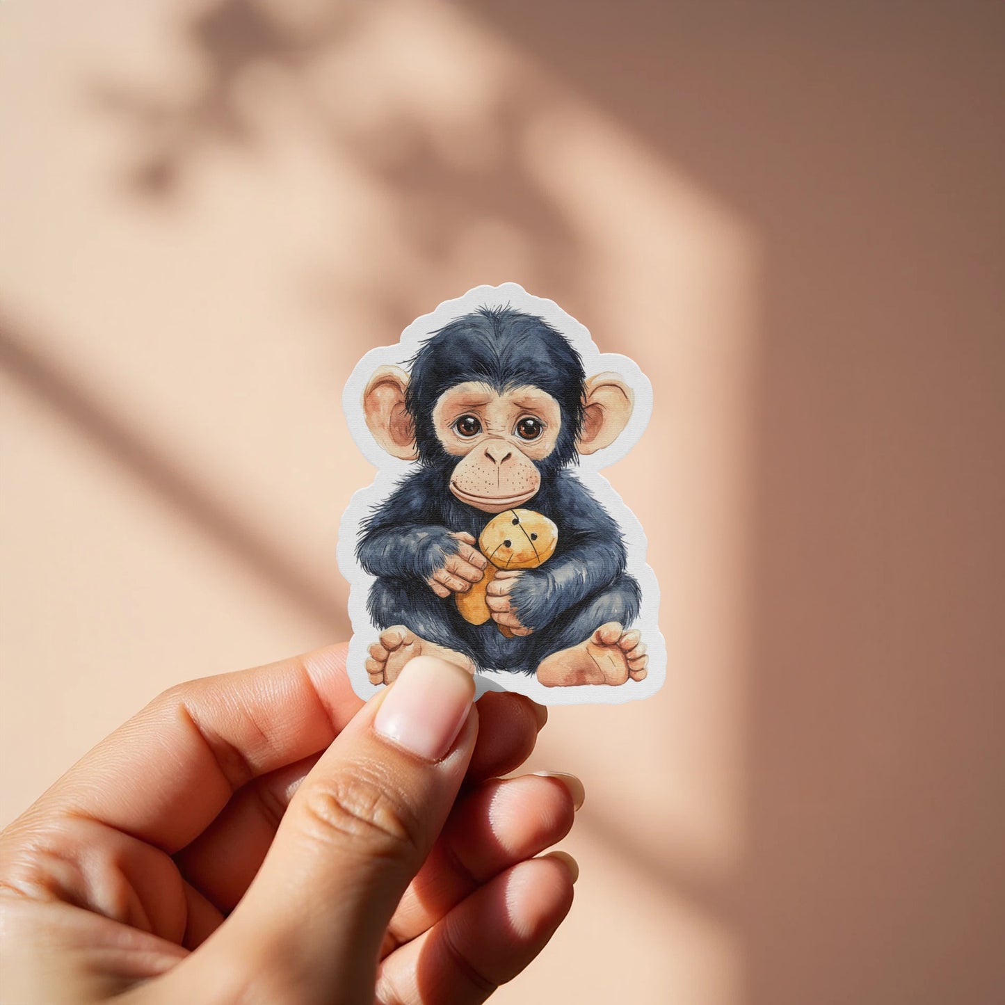 Cute Baby Chimpanzee Holding Teddy Sticker product type